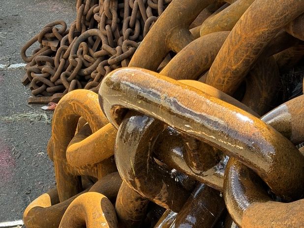 Close-up of large stud link chain in our depot